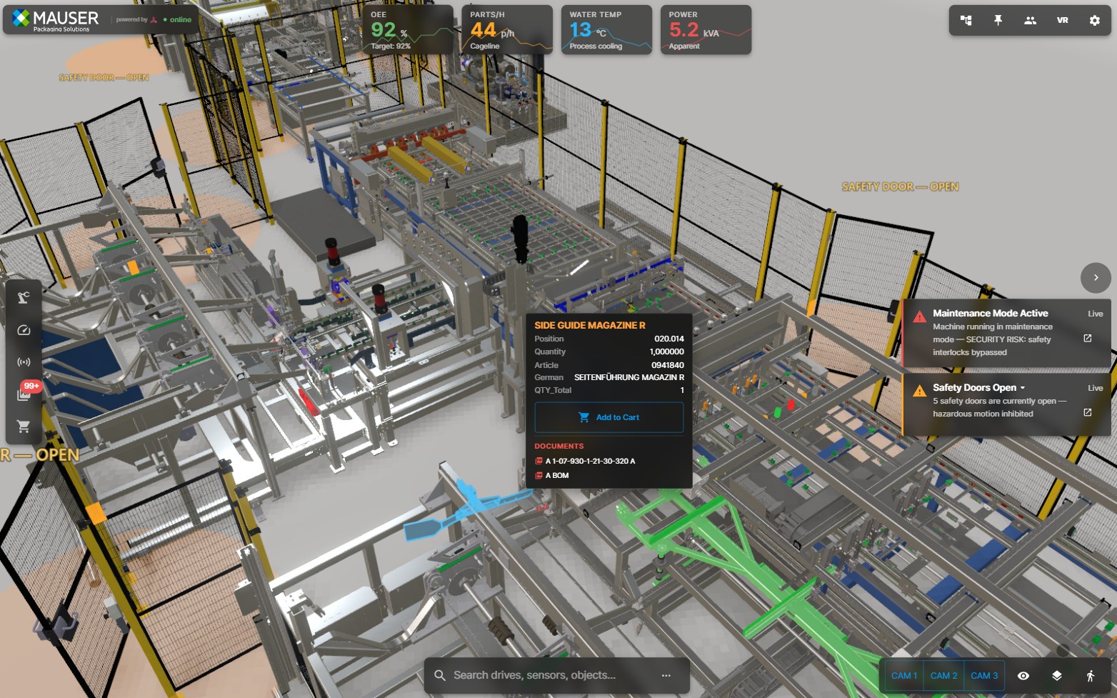 3D-HMI browser interface showing live OEE, temperature, power data and maintenance alerts on industrial production line
